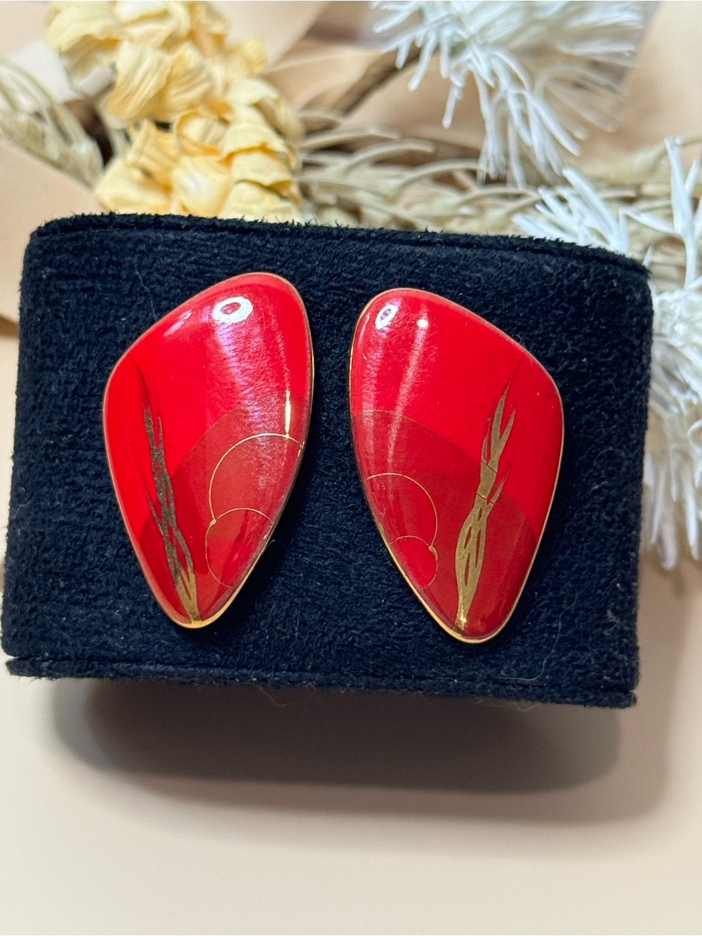 Vintage Red & Gold Abstract Enamel Statement Stud Earrings